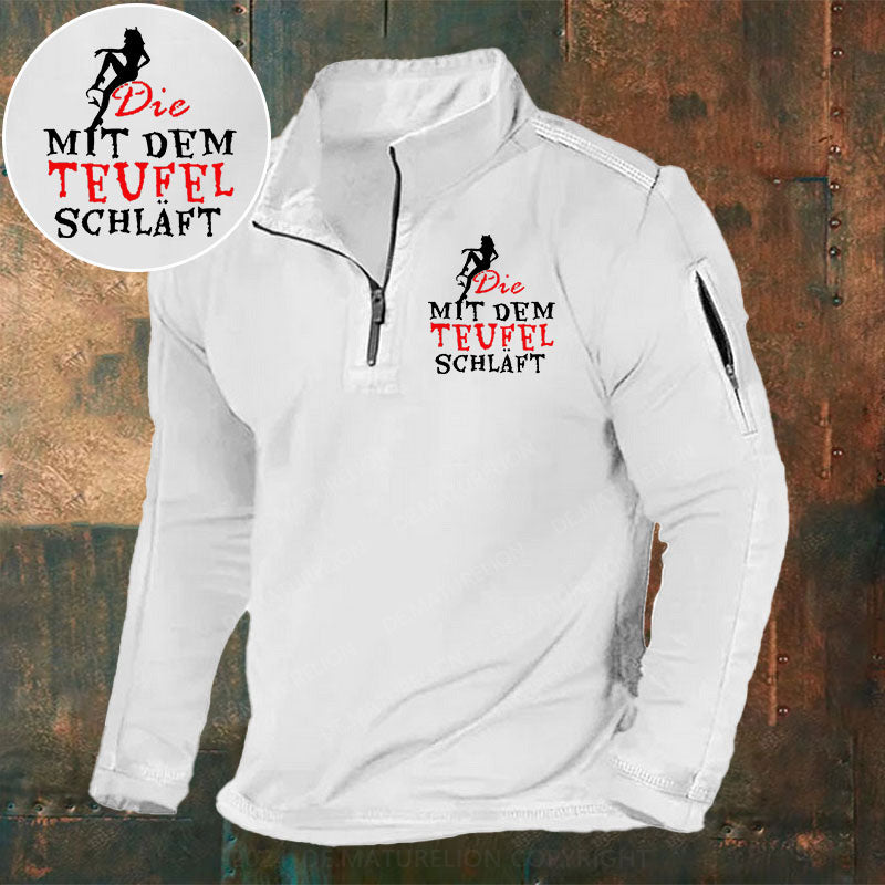 Die mit dem Teufel schläft Stehkragen Reißverschluss Polo Shirt