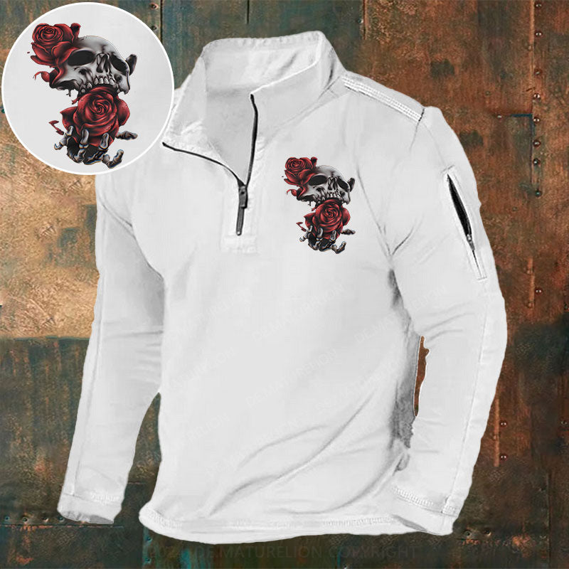 Skeleton Blumen Weihnachten Stehkragen Reißverschluss Polo Shirt