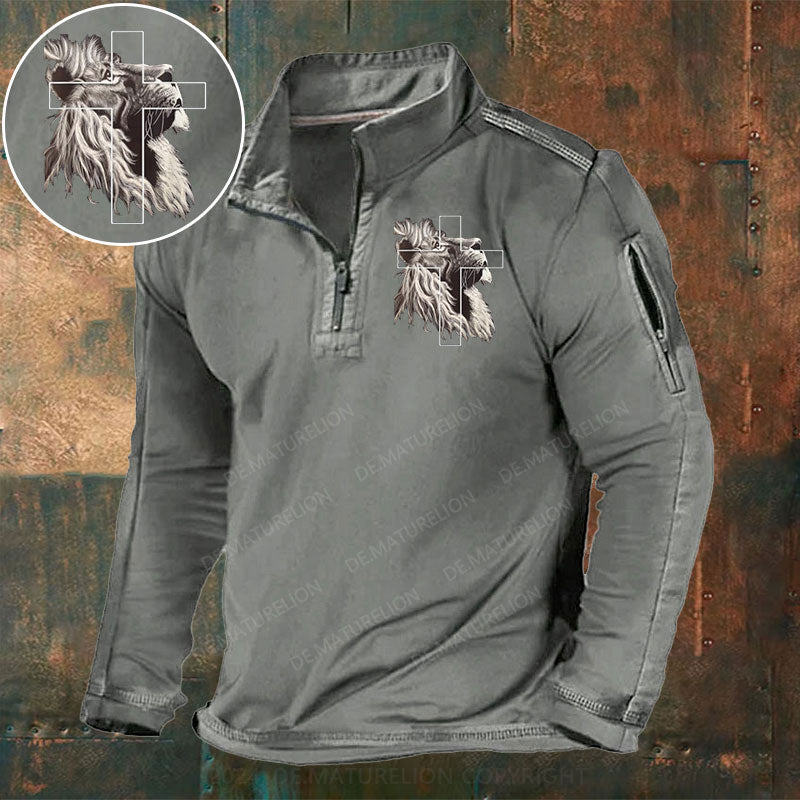 Jesus Löwe von Juda Christliches Kreuz Stehkragen Reißverschluss Polo Shirt