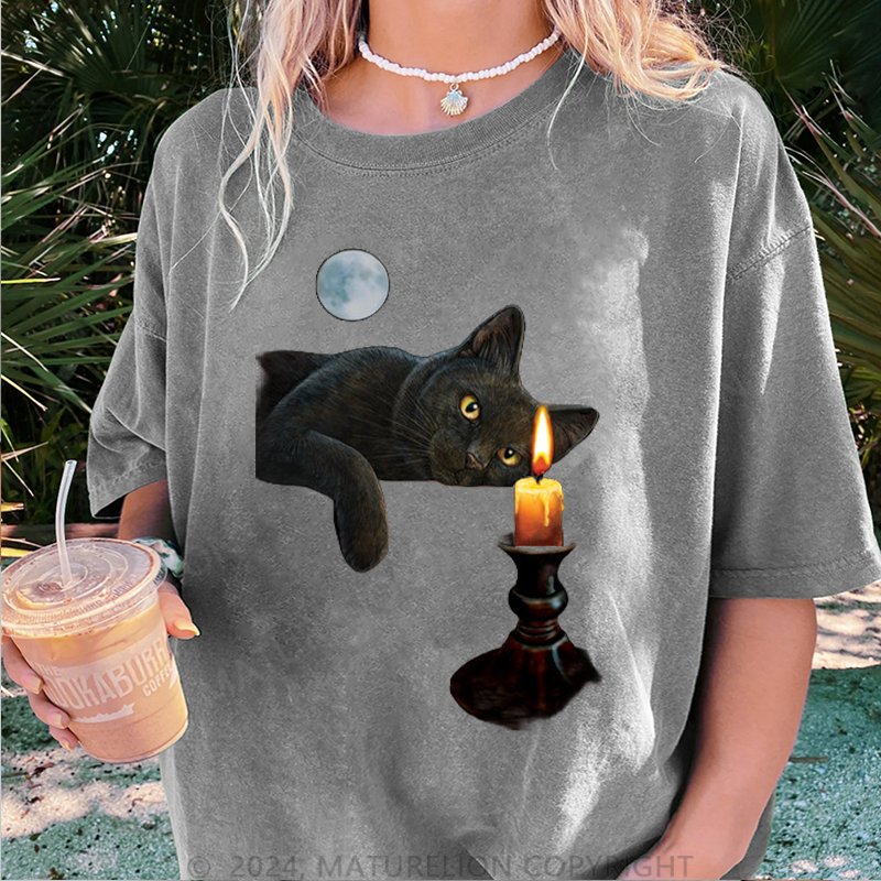 Maturelion Katze und Kerze Damen Gewaschene Vintage T-Shirt