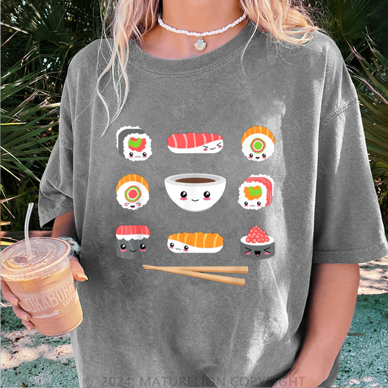 Maturelion Schöne Sushi Damen Gewaschene Vintage T-Shirt