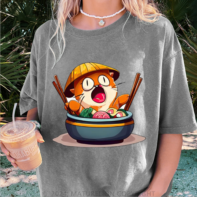 Maturelion Katze Und Sushi Damen Gewaschene Vintage T-Shirt