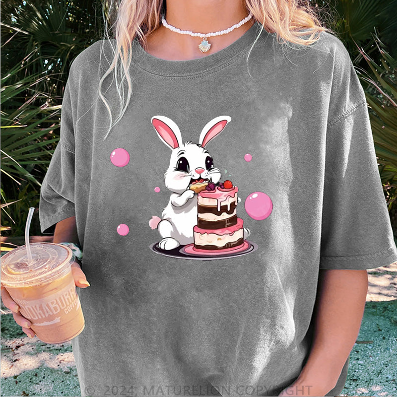 Maturelion Rosa Hase Damen Gewaschene Vintage T-Shirt