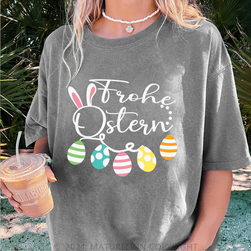 Maturelion Frohe Ostern und Ostereier Damen Gewaschene Vintage T-Shirt