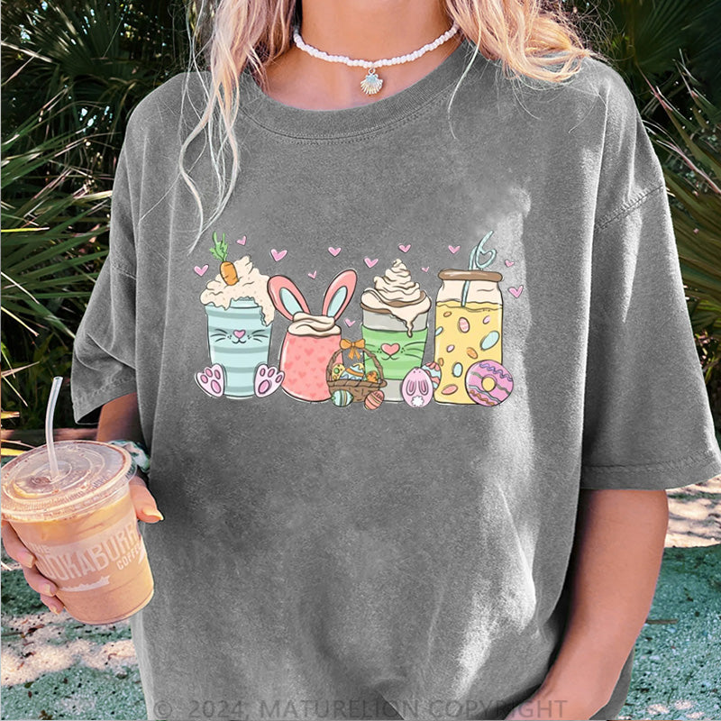 Maturelion Osterhase Getränke und Liebe Damen Gewaschene Vintage T-Shirt