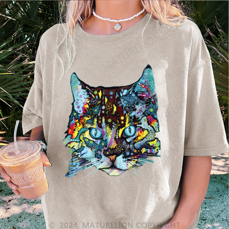 Maturelion Die Katze Damen Gewaschene Vintage T-Shirt