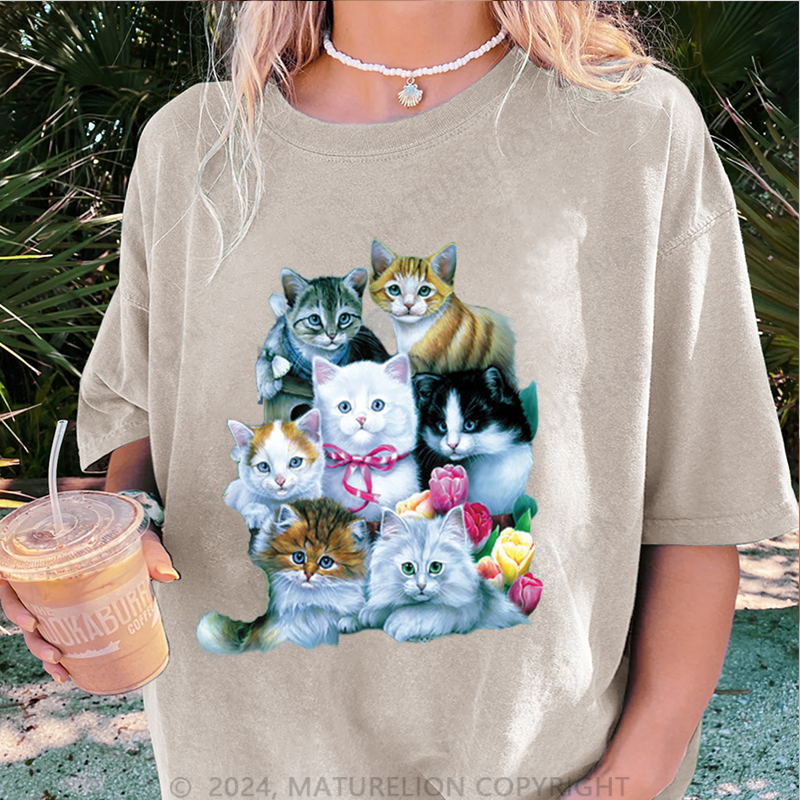 Maturelion Süße Katzen Damen Gewaschene Vintage T-Shirt