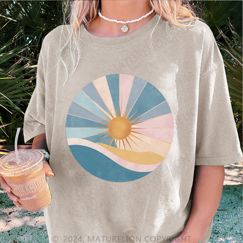 Maturelion Die Sonne Damen Gewaschene Vintage T-Shirt
