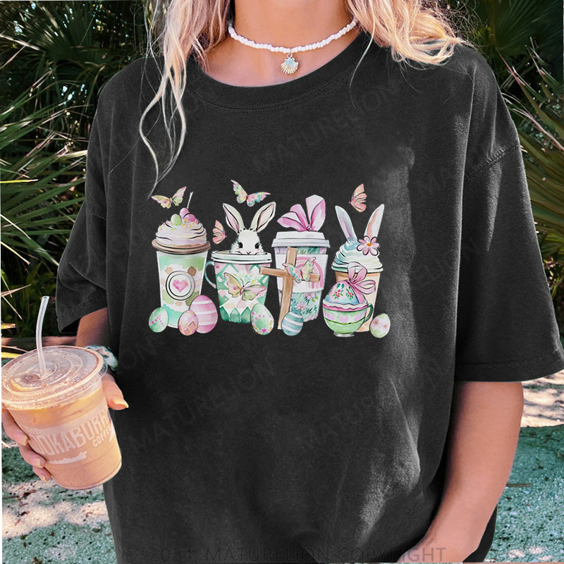 Maturelion Osterhase und Getränke Damen Gewaschene Vintage T-Shirt