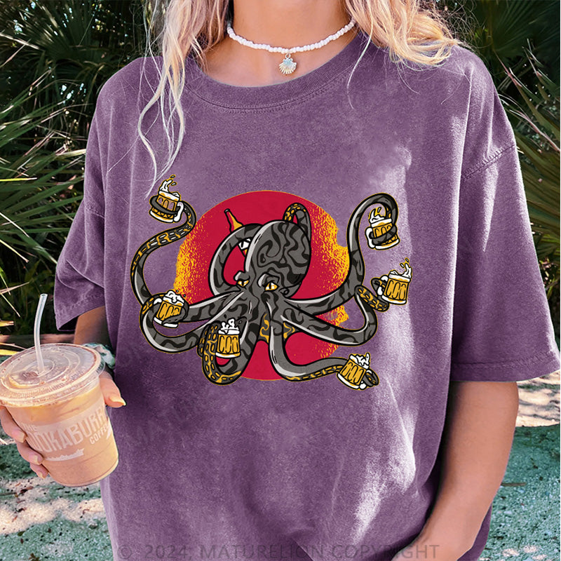 Maturelion Oktopus Und Bier Damen Gewaschene Vintage T-Shirt