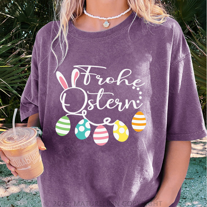 Maturelion Frohe Ostern und Ostereier Damen Gewaschene Vintage T-Shirt