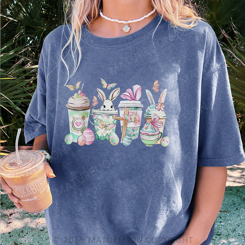 Maturelion Osterhase und Getränke Damen Gewaschene Vintage T-Shirt
