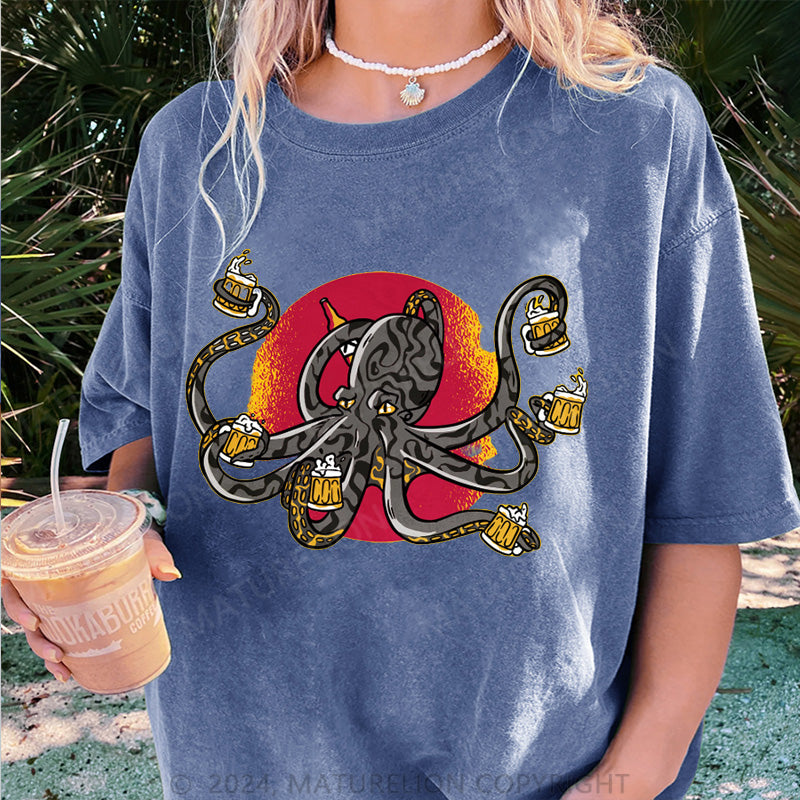 Maturelion Oktopus Und Bier Damen Gewaschene Vintage T-Shirt