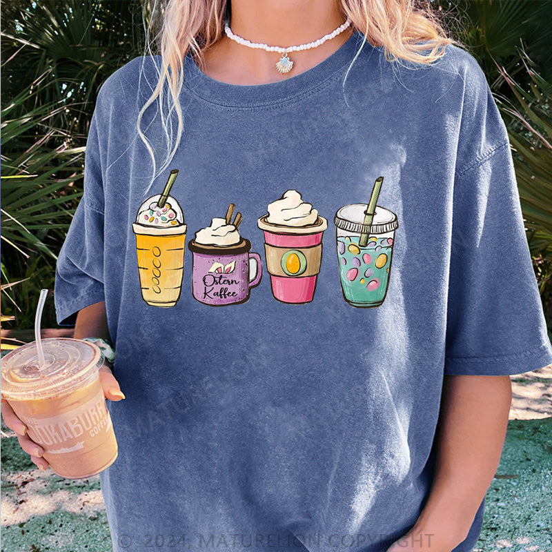 Maturelion Ostern Kaffee Hase und Ei Damen Gewaschene Vintage T-Shirt