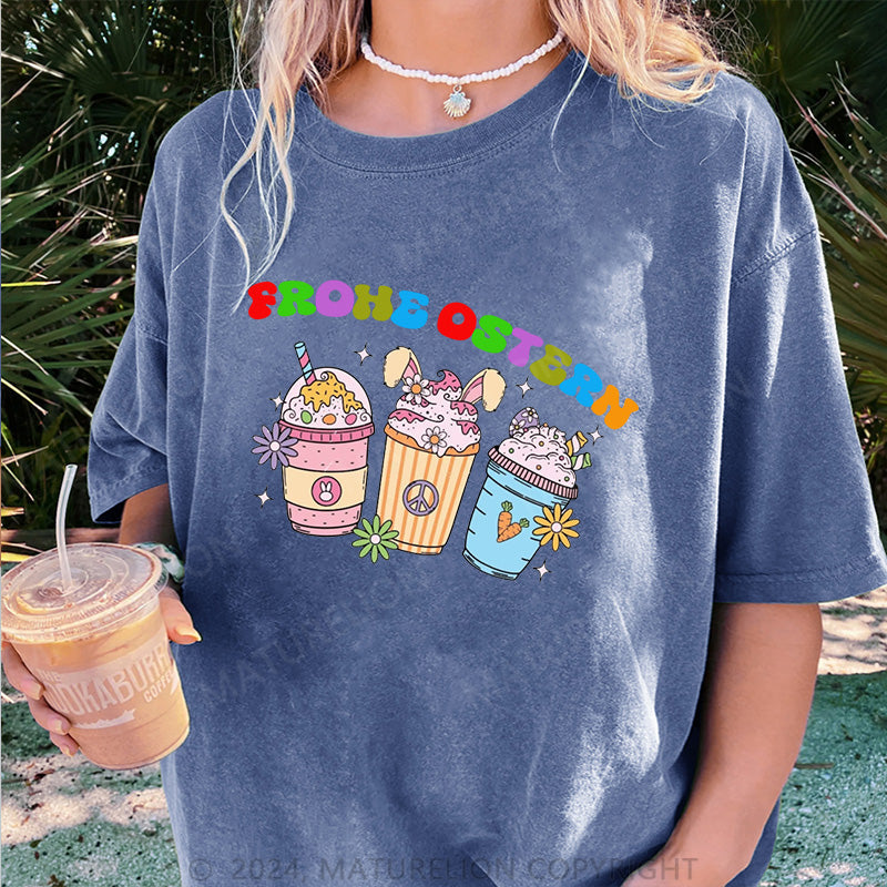 Maturelion Frohe Ostern und Getränke Damen Gewaschene Vintage T-Shirt