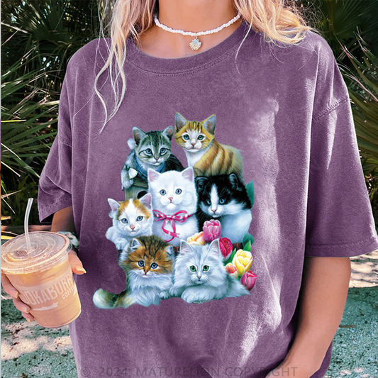 Maturelion Süße Katzen Damen Gewaschene Vintage T-Shirt