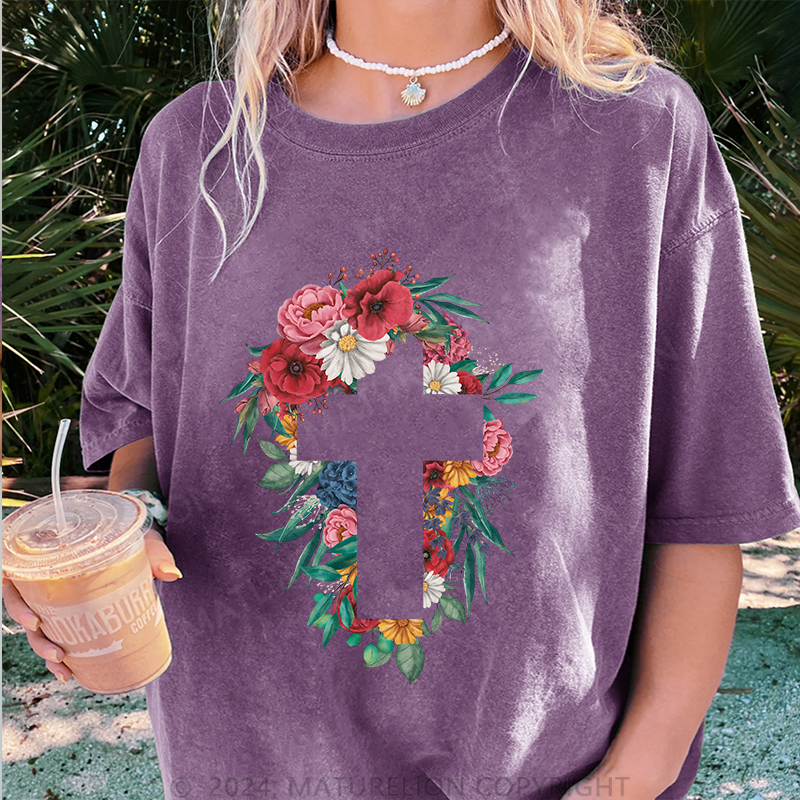 Maturelion Kreuz Blumen Damen Gewaschene Vintage T-Shirt