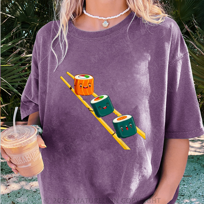 Maturelion Sushi Essstäbchen Damen Gewaschene Vintage T-Shirt