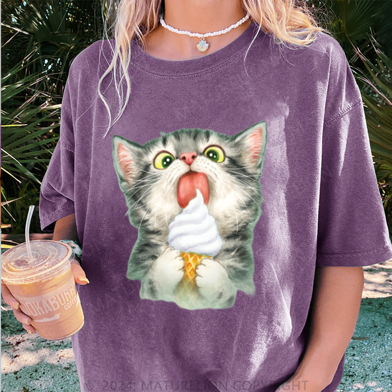 Maturelion Katze und Eis Damen Gewaschene Vintage T-Shirt