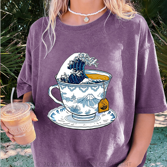 Maturelion Japanischer Tee Damen Gewaschene Vintage T-Shirt
