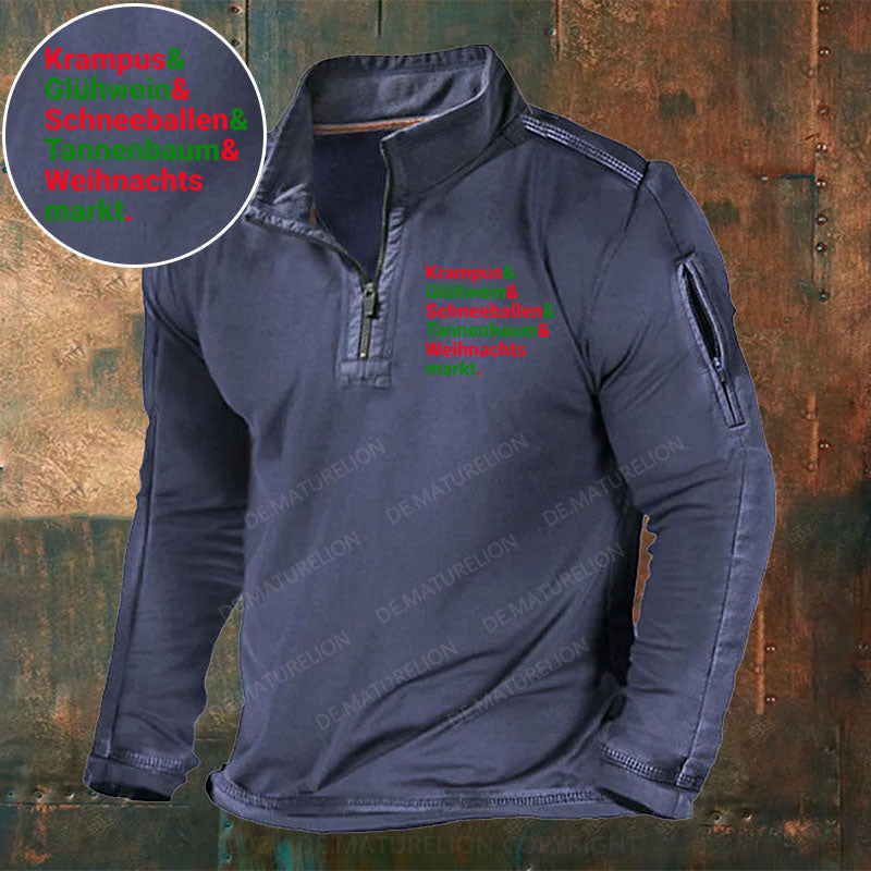 Krampus Glühwein Schneeballen Tannenbaum Weihnachtsmarkt Stehkragen Reißverschluss Polo Shirt