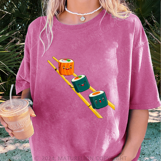 Maturelion Sushi Essstäbchen Damen Gewaschene Vintage T-Shirt