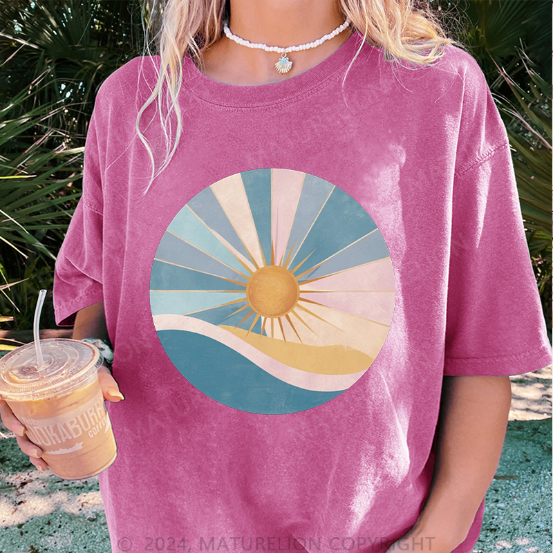 Maturelion Die Sonne Damen Gewaschene Vintage T-Shirt