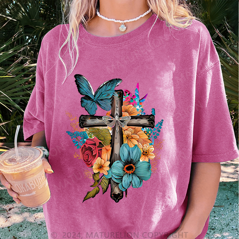 Maturelion Kreuz und Blumen Damen Gewaschene Vintage T-Shirt