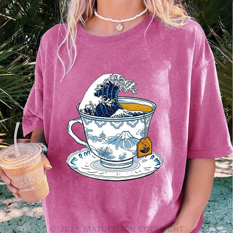 Maturelion Japanischer Tee Damen Gewaschene Vintage T-Shirt