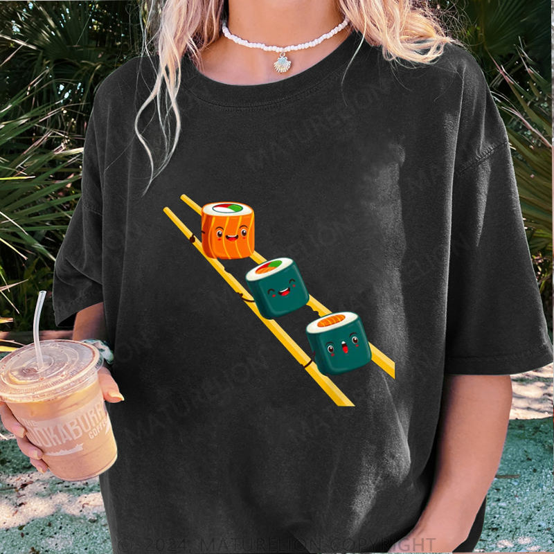 Maturelion Sushi Essstäbchen Damen Gewaschene Vintage T-Shirt