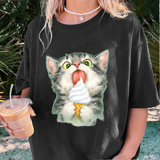 Maturelion Katze und Eis Damen Gewaschene Vintage T-Shirt