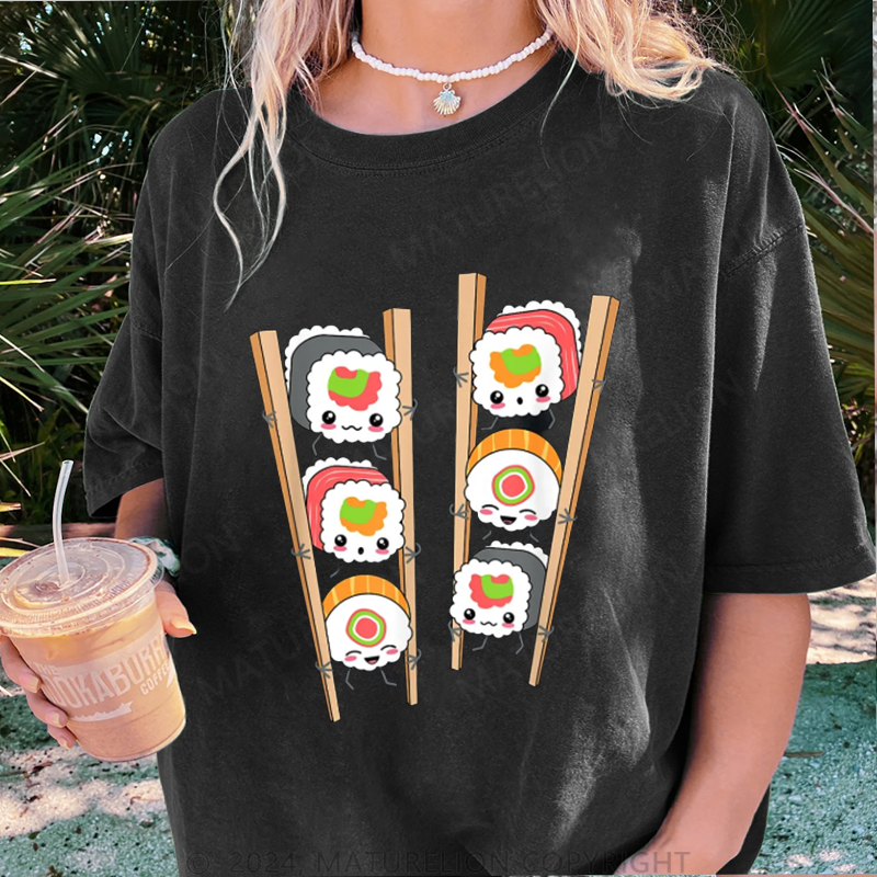Maturelion Schöne Sushi Damen Gewaschene Vintage T-Shirt