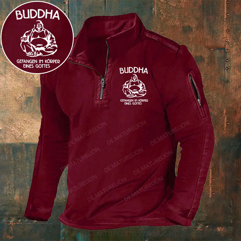 Buddha gefangen im Körper eines Gottes Stehkragen Reißverschluss Polo Shirt