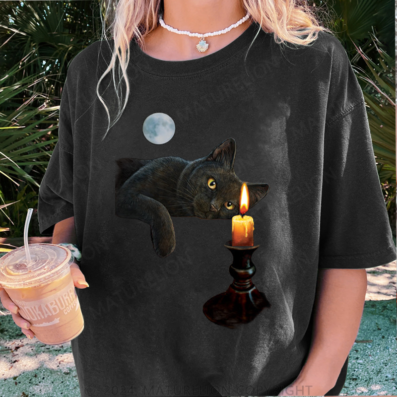 Maturelion Katze und Kerze Damen Gewaschene Vintage T-Shirt