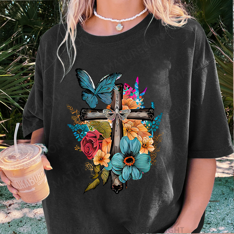 Maturelion Kreuz und Blumen Damen Gewaschene Vintage T-Shirt
