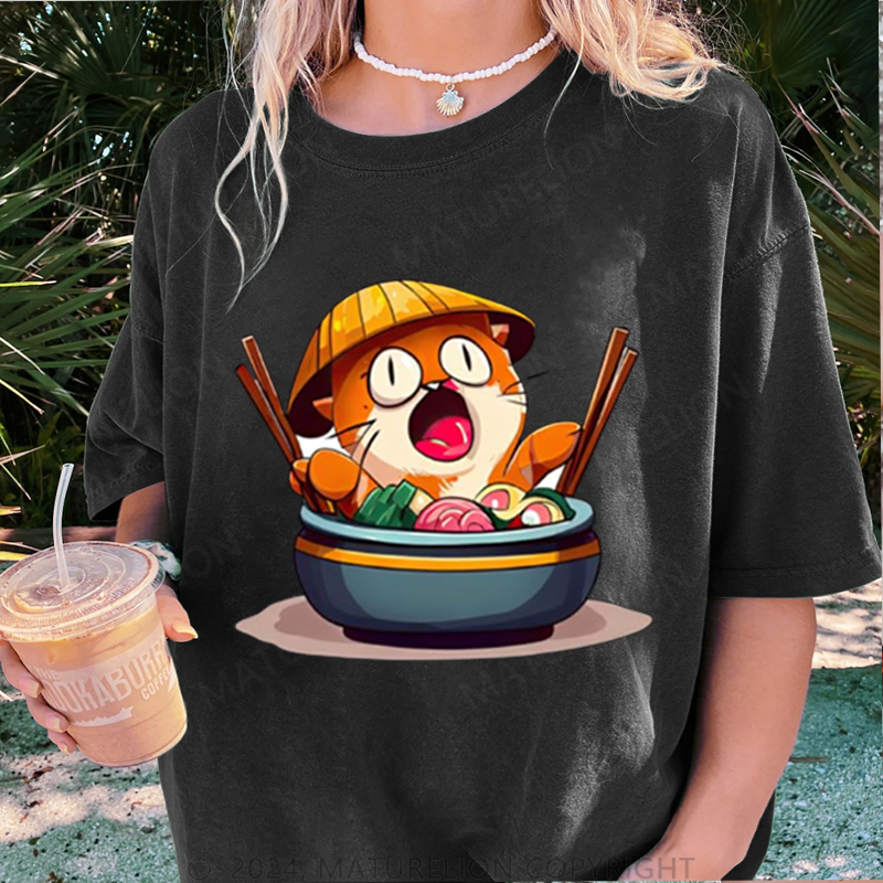 Maturelion Katze Und Sushi Damen Gewaschene Vintage T-Shirt