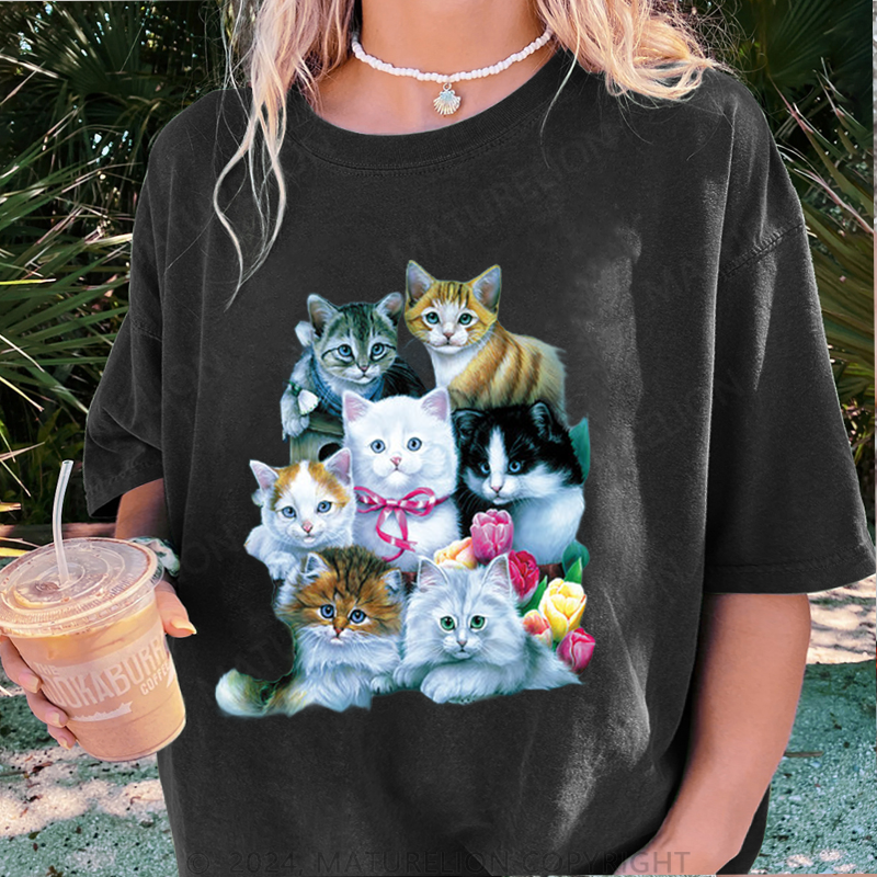 Maturelion Süße Katzen Damen Gewaschene Vintage T-Shirt