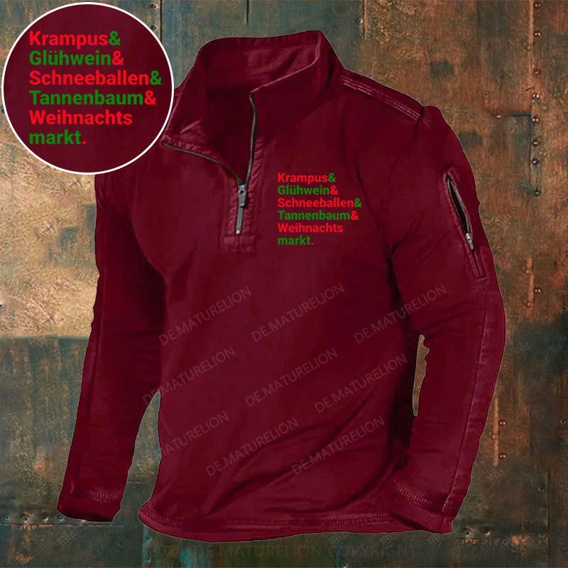 Krampus Glühwein Schneeballen Tannenbaum Weihnachtsmarkt Stehkragen Reißverschluss Polo Shirt