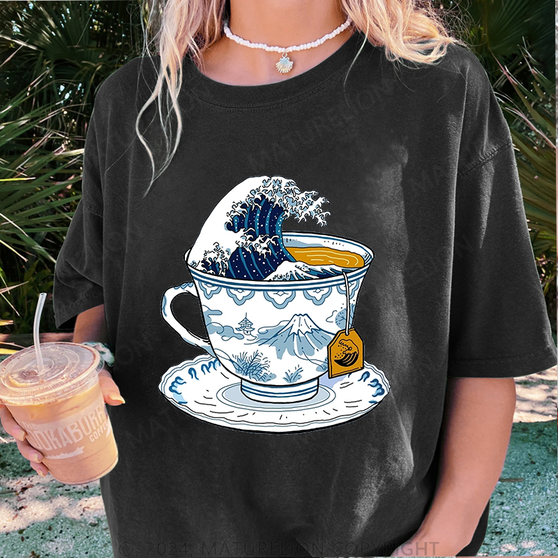 Maturelion Japanischer Tee Damen Gewaschene Vintage T-Shirt
