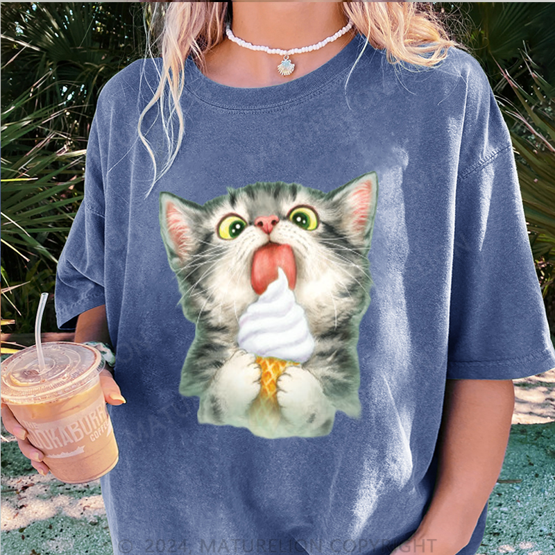 Maturelion Katze und Eis Damen Gewaschene Vintage T-Shirt