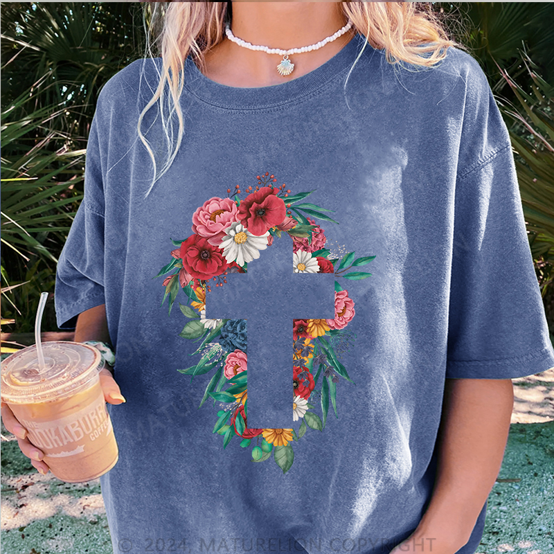 Maturelion Kreuz Blumen Damen Gewaschene Vintage T-Shirt