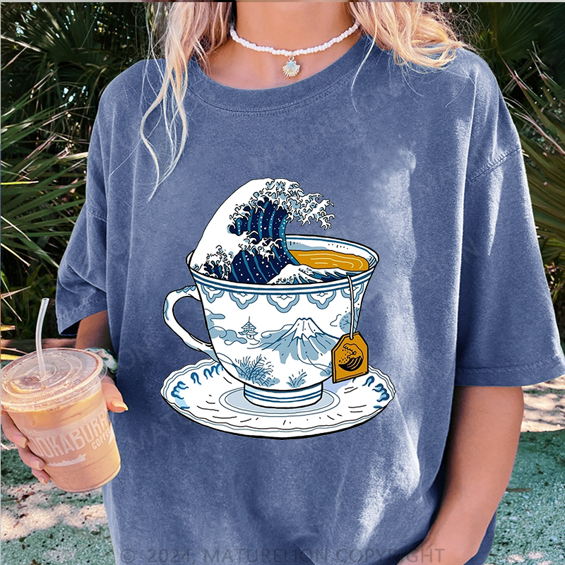 Maturelion Japanischer Tee Damen Gewaschene Vintage T-Shirt