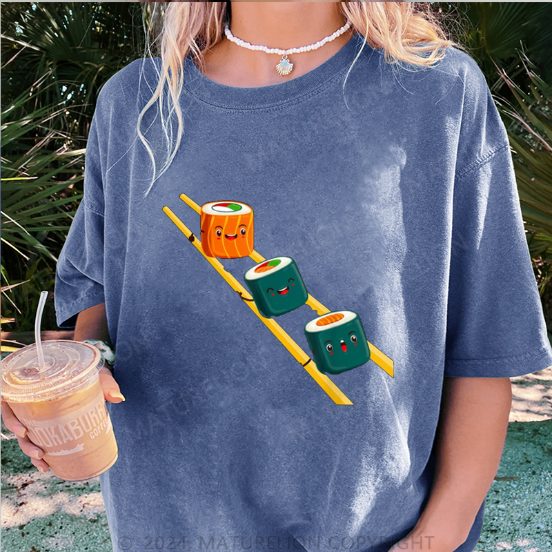 Maturelion Sushi Essstäbchen Damen Gewaschene Vintage T-Shirt