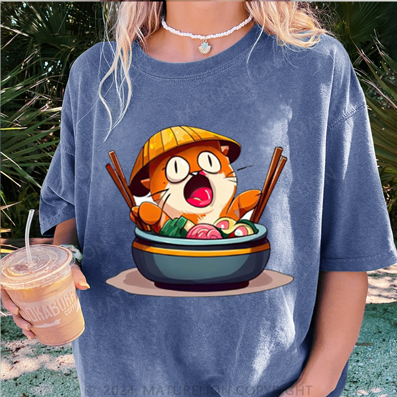 Maturelion Katze Und Sushi Damen Gewaschene Vintage T-Shirt