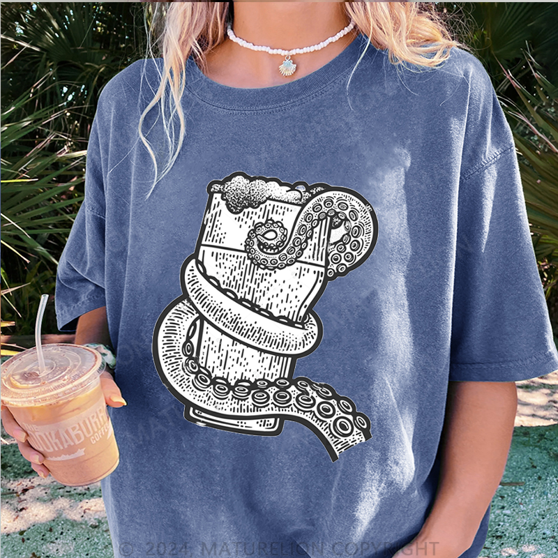 Maturelion Oktopus Und Bier Damen Gewaschene Vintage T-Shirt