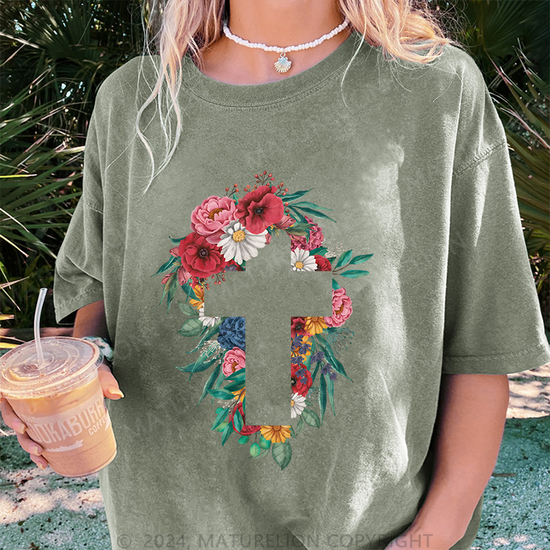 Maturelion Kreuz Blumen Damen Gewaschene Vintage T-Shirt