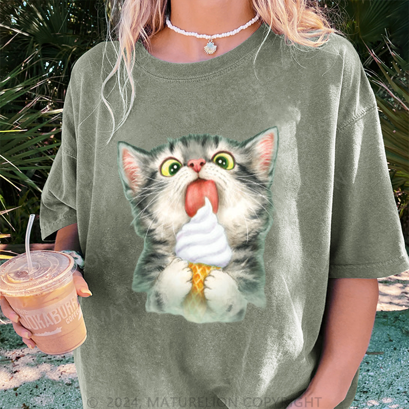 Maturelion Katze und Eis Damen Gewaschene Vintage T-Shirt