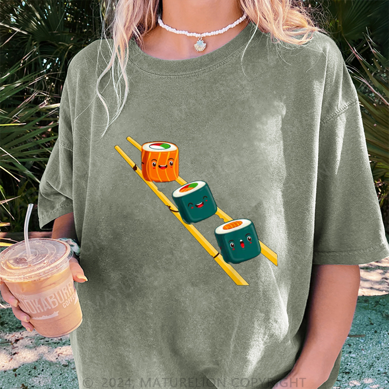 Maturelion Sushi Essstäbchen Damen Gewaschene Vintage T-Shirt