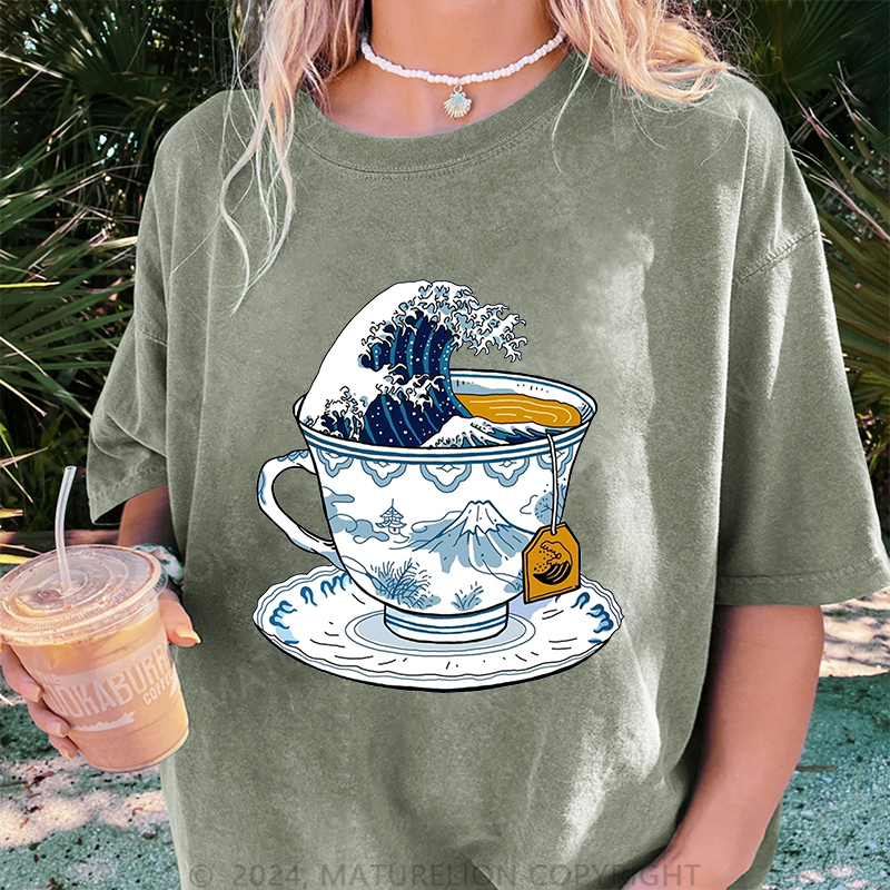 Maturelion Japanischer Tee Damen Gewaschene Vintage T-Shirt