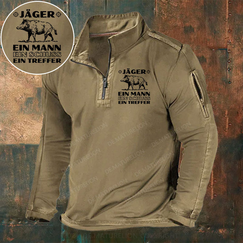 Jäger Ein Mann Ein Schuss Ein Treffer Stehkragen Reißverschluss Polo Shirt